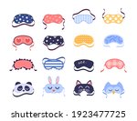 Set of Icon Sleep Masks, Eye Protection Wear Accessory Beauty Collection. Relaxation Blindfolds Isolated on White Background. Eye Cover Design with Cute Animals and Prints. Cartoon Vector Illustration