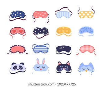 Set of Icon Sleep Masks, Eye Protection Wear Accessory Beauty Collection. Relaxation Blindfolds Isolated on White Background. Eye Cover Design with Cute Animals and Prints. Cartoon Vector Illustration