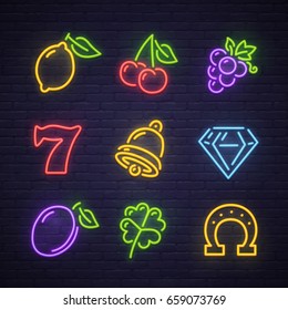 Set icon slot machine neon sign, bright signboard, light banner. Casino logo, emblem