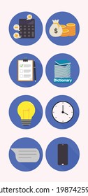 Set icon of smart phone.chat or message, phone, bright, clock, calculated, note, finance, dictionnary icon vector ion white bakgorund.