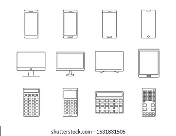 Set Icon Of Smartphone Vector, Outline Smartphone Vector Collection, Icons Mobile, Ipad, Lcd, Monitor, Display And Calculator.