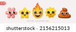 Set Icon Smile Emoji. Realistic Glossy 3d Emotions face Joyful poop, smile sun, lucky flower, fire and star. Pack 3. Vector illustration