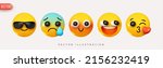 Set Icon Smile Emoji. Realistic Yellow Glossy 3d Emotions face cool with glasses, embarrassed, in love air kiss heart, crying with a tear. Pack 2. Vector illustration
