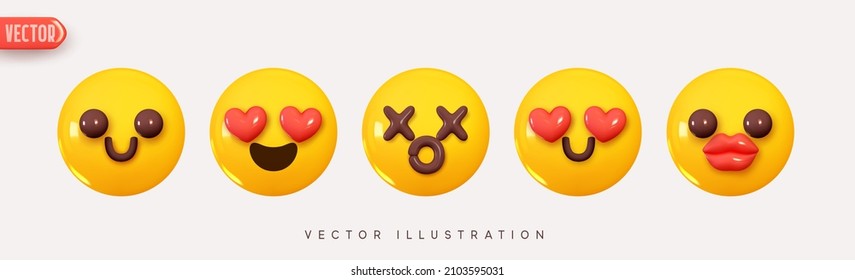 Set Icon Smile Emoji. Realistic Yellow Glossy 3d Emotions Happy face, love eyes from hearts. Emoticons collection. Pack 39. Vector illustration - Shutterstock ID 2103595031
