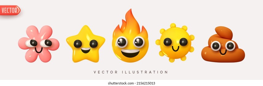 Set Icon Smile Emoji. Realistic Glossy 3d Emotions face Joyful poop, smile sun, lucky flower, fire and star. Pack 3. Vector illustration