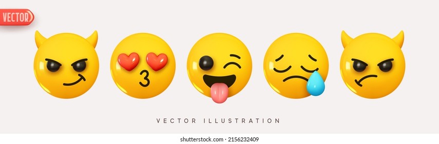 Set Icon Smile Emoji. Realistic Yellow Glossy 3d Emotions Face. Emoticons Collection. Pack 36. Vector Illustration