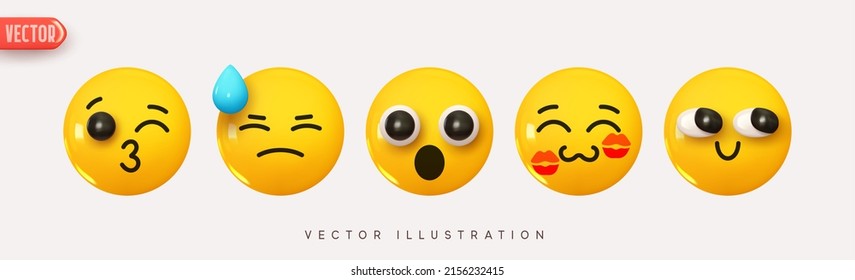 Set Icon Smile Emoji. Realistic Yellow Glossy 3d Emotions face happy smile, surprised, shocked, shy, kiss on the cheek, tense. Pack 15. Vector illustration