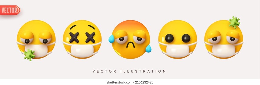 Set Icon Smile Emoji. Realistic yellow glossy 3d emotions face medical mask, fever, cold disease, virus protection, Emoticons collection. Pack 38. Vector illustration