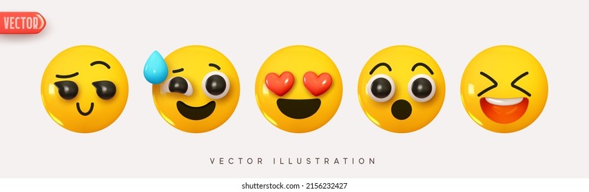 Set Icon Smile Emoji. Realistic Yellow Glossy 3d Emotions face surprised, image romantic, loud laughter, nervous experience and calm. Pack 30. Vector illustration - Shutterstock ID 2156232427