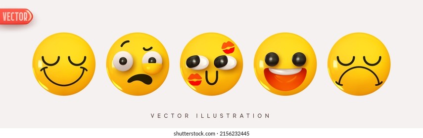 Set Icon Smile Emoji. Realistic Yellow Glossy 3d Emotions face yum, kissed, satisfied, dissatisfied. Pack 8. Vector illustration