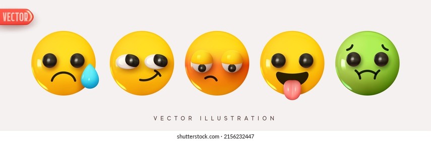 Juego de iconos emoción realista 3d renderizado. Emoticonos brillantes amarillos. ilustración vectorial