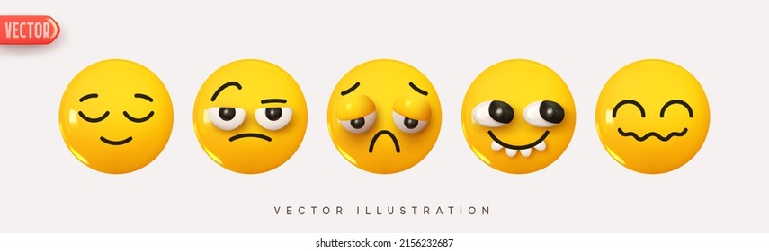 Set Icon Smile Emoji. Realistic yellow glossy 3d emotions face. Emoticons collection. Pack 37. Vector illustration