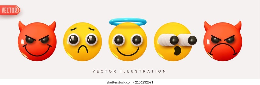 Set Icon Smile Emoji. Realistic yellow glossy 3d emotions face evil and angel. Emoticons collection. Pack 35. Vector illustration