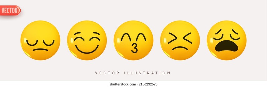 Set Icon Smile Emoji. Realistic Yellow Glossy 3d Emotions face happy smile, disappointment grief, sadness, sadness, kiss, resentment embarrassed, Pack 12. Vector illustration