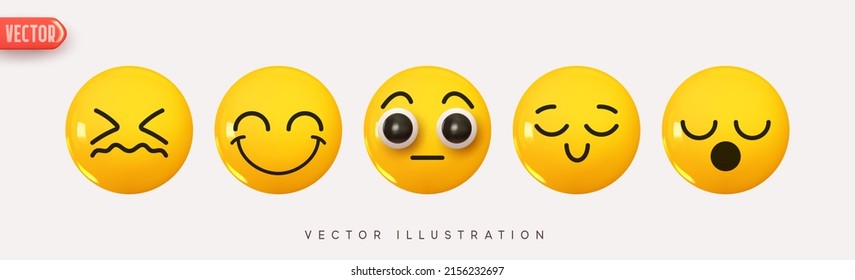 Set Icon Smile Emoji. Realistic Yellow Glossy 3d Emotions Face Happy, Joy Of Surprise, Humble. Isolated Collection. Pack 6. Vector Illustration