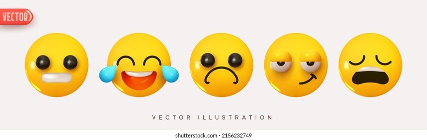 Set Icon Smile Emoji. Realistic Yellow Glossy 3d Emotions face neutral blame, tears of joy, confused frown, smirk, very tired. Pack 27. Vector illustration