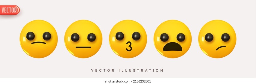 Set Icon Smile Emoji. Realistic Yellow Glossy 3d Emotions Face, Confused, Worried And Surprised, Frowning And Persevere. Pack 18. Vector Illustration