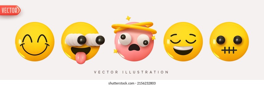 Set Icon Smile Emoji. Realistic Yellow Glossy 3d Emotions face happy smile, funny and cute, satisfied, surprised, mouth shut and stupid. Pack 25. Vector illustration