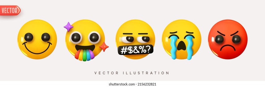 Set Icon Smile Emoji. Realistic Yellow Glossy 3d Emotions face Happy and red angry, crying with tears, smile with tongue rainbow, over mouth symbol. Pack 1. Vector illustration