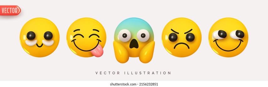 Set Icon Smile Emoji. Realistic Yellow Glossy 3d Emotions face silly smile, cosmetic patches, teasing, screaming in fear, fright and frowning. Pack 20. Vector illustration