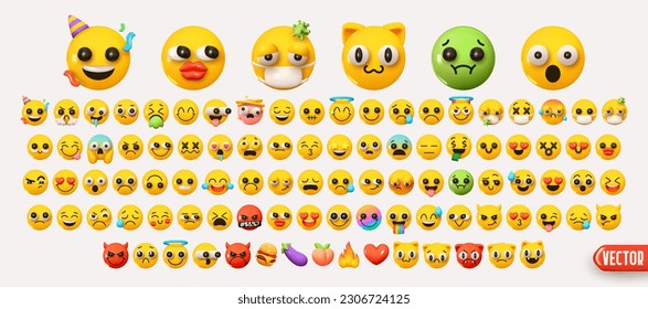 Set Icon Smile Emoji. Realistic Yellow Glossy 3d Emotions round face. Big Collection Smile Emoticon Cartoon Style. Isolated on white background. vector illustration