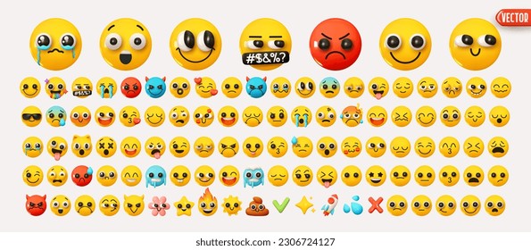 Set Icon Smile Emoji. Realistic Yellow Glossy 3d Emotions round face. Big Collection Smile Emoticon Cartoon Style. Isolated on white background. vector illustration