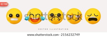 Set Icon Smile Emoji. Realistic Yellow Glossy 3d Emotions face neutral blame, tears of joy, confused frown, smirk, very tired. Pack 27. Vector illustration