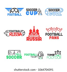 Set icon soccer lettering. Pack label football stuff