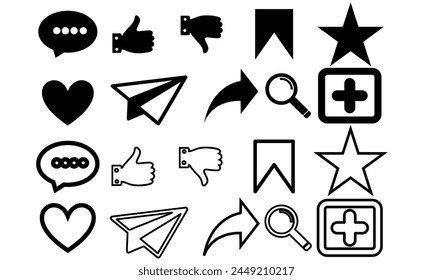 speichern Set of Icon Social Media Interface Icon Set, Stern, Anders als, Kommentar, Teilen, Gefällt mir, Liebe, Nachricht, Daumen und Geschenk. Auswechselbare Vektorgrafik.