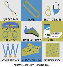 Set icon sport climbing. Rope and belay device, harnesses and quickdraw, chalk climbing, shoes and competition, outdoor and artificial climb button. Vector design abstract unusual fashion illustration