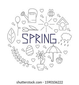 Set icon of spring elements simple vector illustration. Dark gray lines and blue word spring on white background.