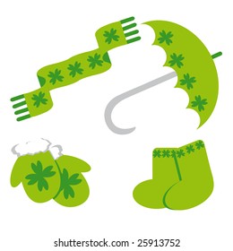 Set of icon for st. Patrick's day (umbrella; mittens, scarf, socks). Vector illustration.