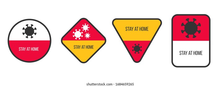 Conjunto de ícono, pegatina, etiqueta o banner con brote de coronavirus. Diseño minimalista para señales de información de advertencia composición de plantilla covid-19. Elementos vectoriales.