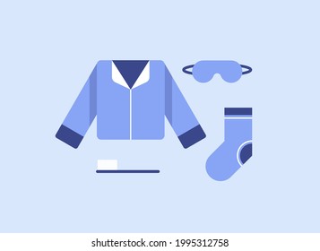 Set icon or sticker with sleep kit. Nightgown, socks, sleep mask and toothbrush. Cute illustration in flat design. Blue color