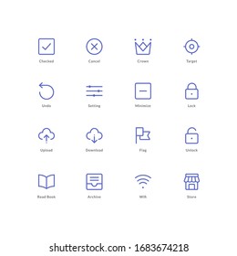 Set Icon store,wireless,read,book,archive,upload,download,undo,screen,crown,target,flag Line Style Icon Design Vector illustration