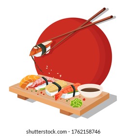 Set icon sushi nigiri and rolls. Served with bamboo mat, chopsticks, wasabi, soy sauce and wood plate.