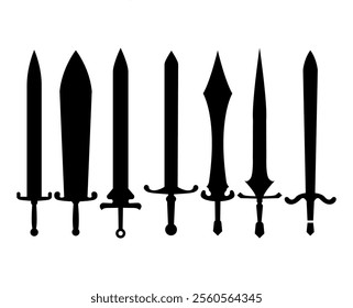Set icon Swords in flat style and silhouettes isolated on white background, Sword icons set. Vector Ancient swords signs.