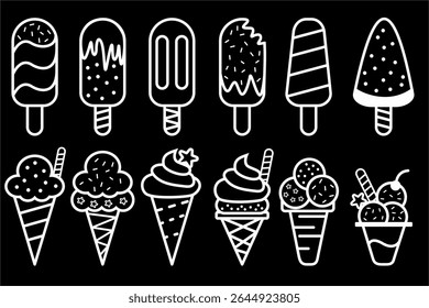 SET ICON SYMBOL ICE CREAM CONE VECTOR OUTLINE WHITE BACKOGRUND BLACK