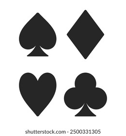 Set of icon symbols used for playing card suits including hearts, diamonds, spades and clubs in silhouette vector