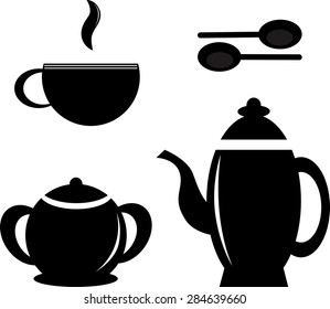 Set icon teapots, teacups, teaspoon and sugar bowl.