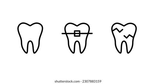 Set icon teeth. Whole tooth, braces, cracked enamel. Flat style. 