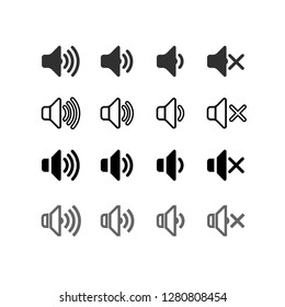 Set of an icon that increases and reduces the sound. Icon showing the mute. Sound icons with different signal levels in a flat design. Vector illustration. Isolated on white background.