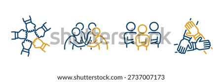 Set icon of three hands support each other, join the team, four hand supporting each other, collaborative teamwork, team icons, line vectors on white