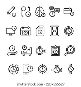 Conjunto De Administración De Tiempo De Icono Con Estilo De Esquema. Contiene iconos como Brainstorming, Chat, Hourglass, Schedule, Etc. 