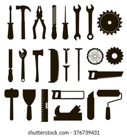 Set of icon tools black color for carpentry service, repair service, lumberjack, sawmill and woodwork isolated on white background. Vector illustration