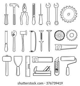 Set of icon tools line style for carpentry service, repair service, lumberjack, sawmill and woodwork isolated on white background. Vector illustration