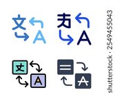 Set of icon for translator app. Chat bubbles with language translation icons in different styles. Online multi language translator. Translation app icon. Online Translator. Multilingual communication