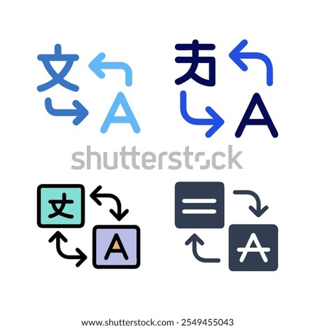Set of icon for translator app. Chat bubbles with language translation icons in different styles. Online multi language translator. Translation app icon. Online Translator. Multilingual communication