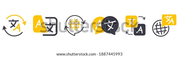 Set of icon for translator app. Chat\
bubbles with language translation icons in different styles. Online\
multi language translator. Translation app icon. Online Translator.\
Multilingual communication