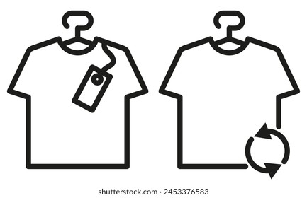 Set of icon Tshirt on the hanger with label and with second hand icon on white background. Editable stroke. Clothes hanger. New clothing icon. Second hand clothing icon . Vector graphics